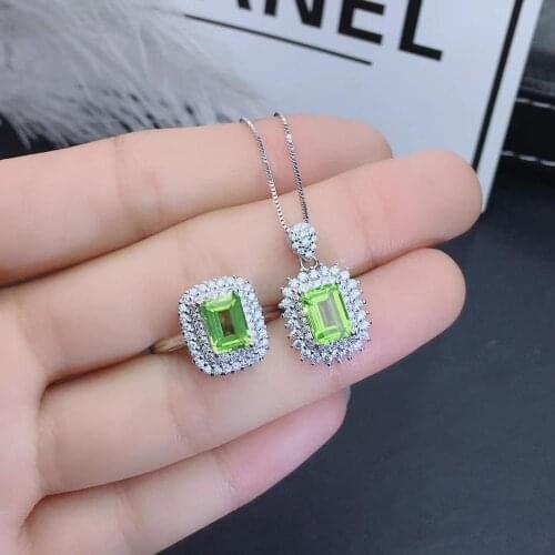 Luxury Retro square Natural green peridot gem Ring Pendant Natural olivine Jewelry Set 925 Silver Women party gift fine jewelry