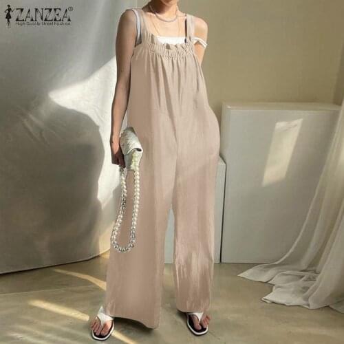 2021 ZANZEA Summer Suspender Overalls Elegant Womens Wide Leg Jumpsuits Casual Backless Rompers Female Solid Pants Oversized