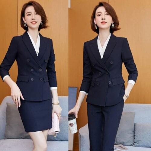 Formal Blazer Women Business Suits With Skirt and Jacket Sets Navy Bluek Office Ladies Work Uniform OL Styles