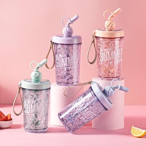 Creative Letter Double Gel Stir Ice Cup Summer Juice Drink Straw Cup Outdoor Students Hand Kawaii Cup Water Bottle with Straw