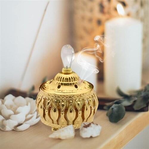 Incense Burner Golden Home Ash Catcher Ornament Censer with Lid Decoration