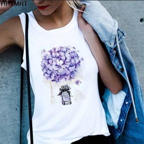 Summer Womens White Tank Tops Ladies Beautiful flowers perfume Print Casual Sexy Vest Sleeveless Top Tee Female O-Neck Camis