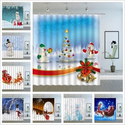 Cartoon Christmas Shower Curtains Santa Claus Snowman Winter Snow Scenery Xmas New Year Bathroom Decor Cloth Curtain Sets Cheap