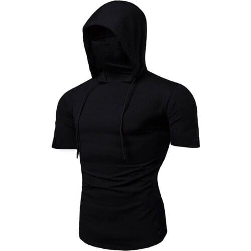 Men Shirt /Sweatshirt Face Cover Solid Color Sweat Absorption Skin-friendly Drawstring Hooded Men Sports Shirt for Outdoor
