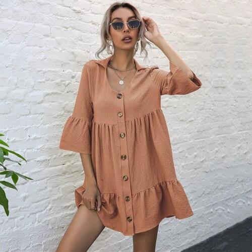 2021 New Solid Half Sleeve Short Dress Women Casual Spring Summer Single Breasted Shirring Ladies Party Mini Shirt Dresses