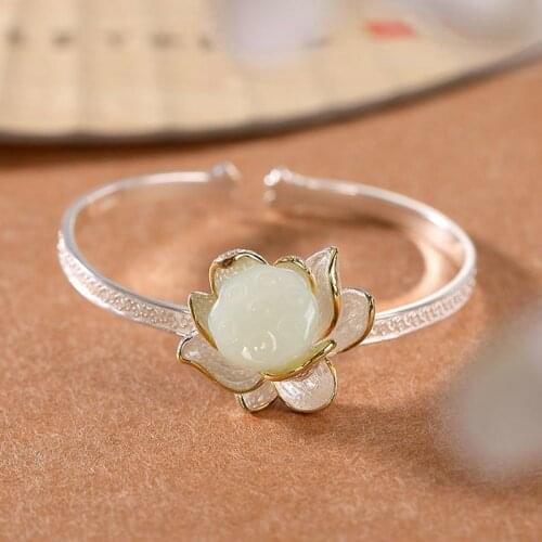 New inlaid natural Hetian white Chalcedony lotus Bracelet Chinese style creative ancient charm women adjustable jewelry brand