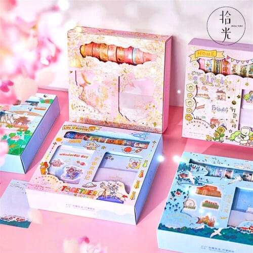 10pcs Cartoon Washi Tape+10sheets Stickers+30shees Sticky Note Boxed Masking Washi Tape Set Cute Stationery