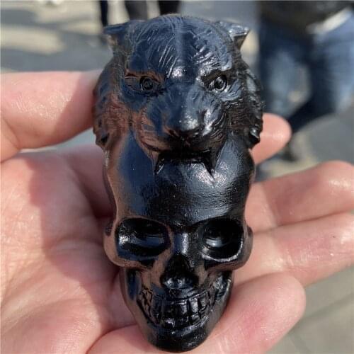 Natural Obsidian Tiger Skull Figurine Crystal Carved Statue Home Ornament art collectible Gift 1pcs