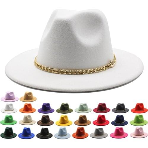 Fedora Hats Black Khaki Wide Brim Men Women Hat Jazz Caps Church Felted Chain Belt Cowboy Vintage Luxury Winter Women Hats