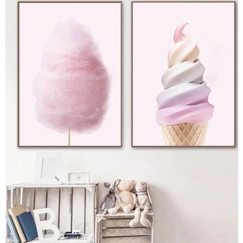 Nordic Pink Ice Cream Cotton Candy Canvas Painting Print Posters Modern Wall Art Picture for Girl Room Dessert Shop Home Decor