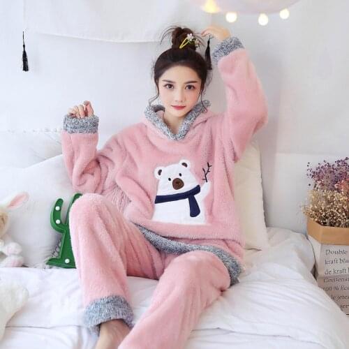 Warm Flannel Pajamas Set For Women Panda Sleepwear Cartoon Animal Pyjama Women Full Sleeve Nightwear Top+pants 2pcs Home Clothes