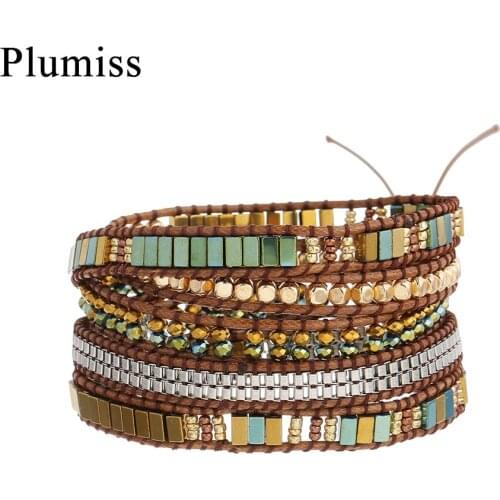 Geometric Hematite Leather Wrap Bracelet Stainless Steel Box Chain Crystal Copper Beads 5 Times Strand Bracelets for Women