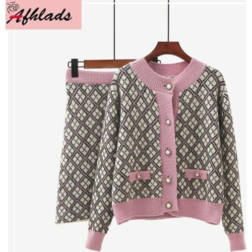 Vintage Loose Two-Piece Sets Women Spring And Autumn Fashion Long Sleeved Knitted Sweater Jackets + Mini Skirt Two-Piece Sets