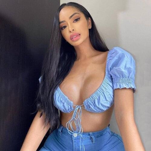 2021 newest arrival Women Front Tie Cropped Tops Deep V-neck Short Puff Sleeve Tops Solid Color Pleated Navel T-shirt for Summer