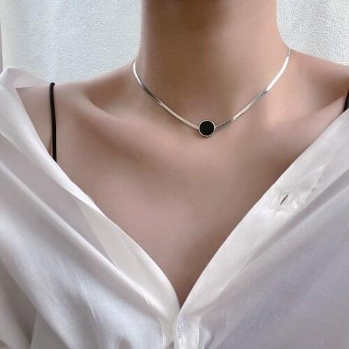 Genuine 925 Sterling Silver Blade Chain Choker Necklaces Black Round Tag Short Chokers Fine Jewelry for Women