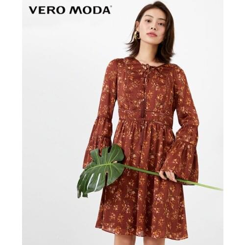 Vero Moda Vintage Floral V Collar Strap Petal Sleeve Dress|32027D505