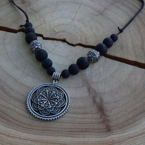 1pcs Lotus Mandala With Black Volcanic Stone Gati Women Necklace, Slavic Inspired Jewelry, Tribal Gypsy Jewelry For Charms Women