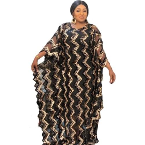 2020 African Dress Mesh Embroidery Front and Back Colorful Sequins with Elastic Vest Long Skirt Dress for Lady