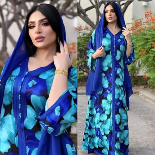2021 Muslim Fashion Blue Dubai Abaya Women Turkey Flower Print Robe Long Lace Dress Female Casual Loose Modest Ladies Clothes