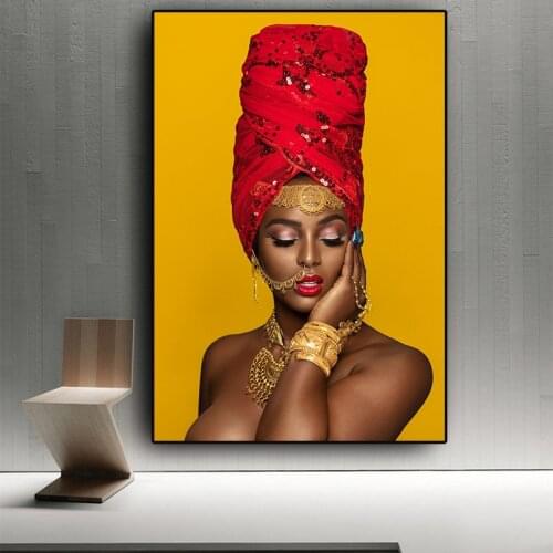 African Beauty Sexy Lips Nude Black African Woman in Gold Oil Painting on Canvas Posters and Prints Wall Picture for Living Room