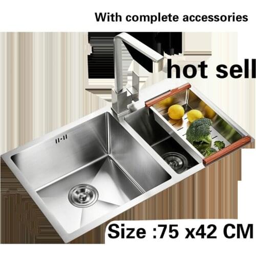 Free shipping Manual double groove 3 mm thick kitchen sink food grade 304 stainless steel durable ordinary hot sell 75x42 CM