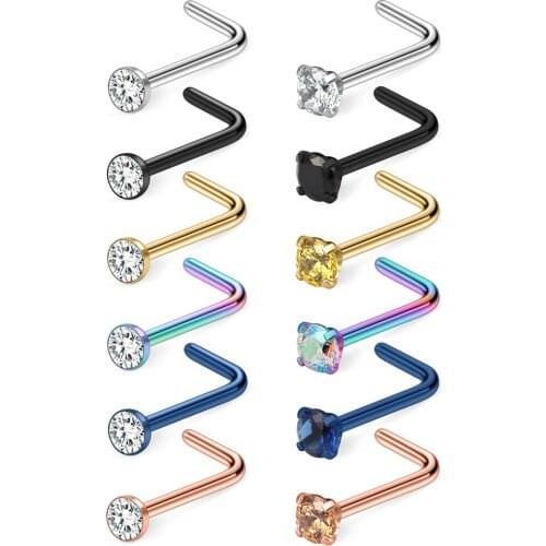 JFORYOU 12PCS 18G Mix Color Stainless Steel Clear CZ Nose Studs Rings L Shaped Piercing Jewelry 1.5mm 2mm 2.5mm 3mm