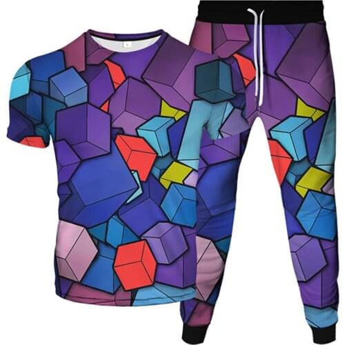 Men Women Clothes Set Harajuku Galaxy Paint Camouflage Box Print T-Shirt+Long Pants 2Pcs Tracksuit Male Female Outfit Plus Size