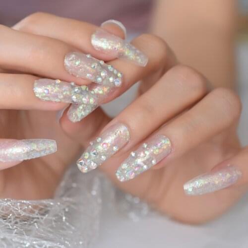 Colorful Glitter Crystal Diamond French Ballerina Press on False Nails Extra Long Coffin UV Acrylic Fake Fingers Nail