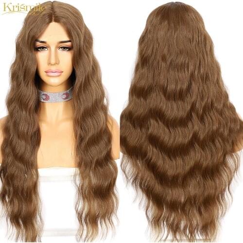 Krismile T-Part Lace Front 10# Brown Water Wave Middle Part Synthetic Wigs for Women High Temperature Party Cosplay Daily Hair