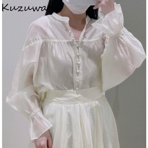 Kuzuwata 2021 Autumn New Women Blusa Temperament Office Lady Blouses Flared Sleeves Pleated Loose Ruffled Single breasted Shirt