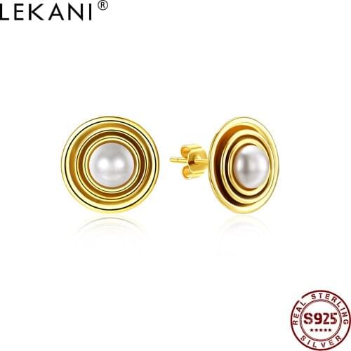 LEKANI 925 Sterling Silver Round Stud Earrings Gold Color Pearl Earrings For Women Anniversary Party Forever Fashion Jewelry