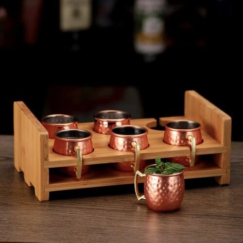 6PCS 2oz Mini Moscow Mule Mug Set with Storage Rack Stainless Steel Hammered Copper Plated Milk Coffee Cocktail Wine Travel Cup
