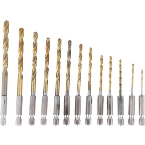 13Pcs/lot 1.5-6.5mm High Speed Steel Titanium Coated Twist Drill Bits Set with Hexagonal Handle Deep Hole Drilling Wood Drilling