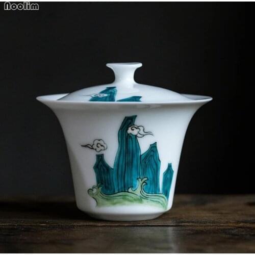 NOOLIM White Porcelain Hand Painted Teacup Creative Tea Bowl with Lid Ceramic Large Water Mug Household Office Kung Fu Drinkware