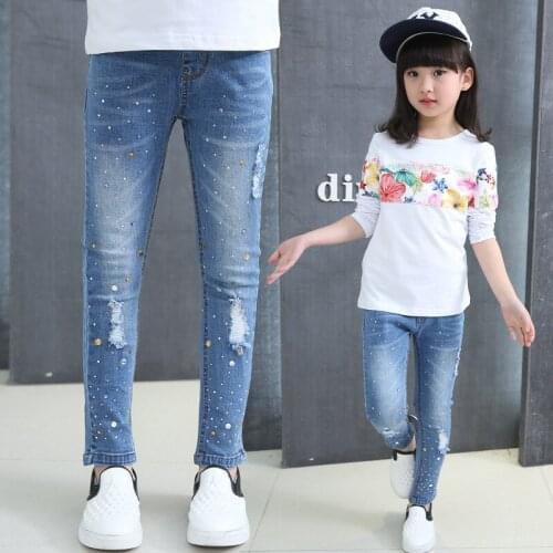 New Spring Children Jeans Slim Girls' Trade Trousers Lace Sanding Trousers