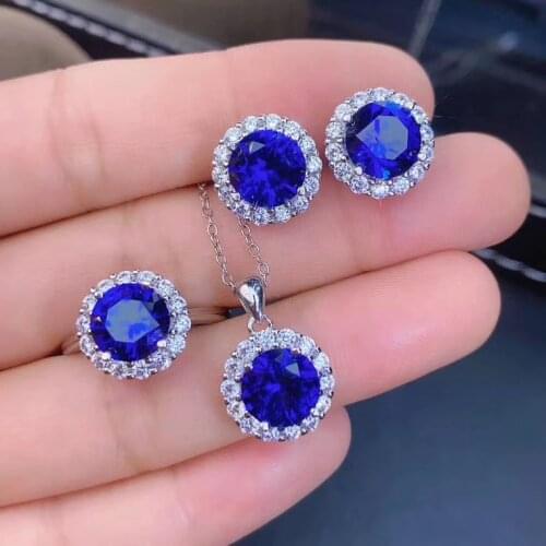 Engagement Best Gift Sapphire jewelry set Natural Real Sapphire 925 sterling silver 1pc pendant,1pc ring,2pcs Earring