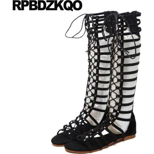 Open Toe Flat Women Summer Gladiator 2021 Knee High Sandals Strappy Roman Boots Strap Up Brown Lace Black Tie Shoes Plus Size