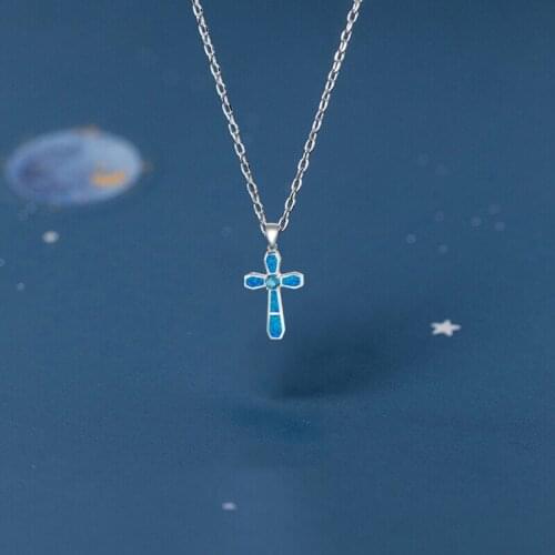 Excellent Blue Zircon Cross Design Pendant for Women Blue Fire Opal Silver Stamped Necklace Pendant Fashion Jewelry OP517