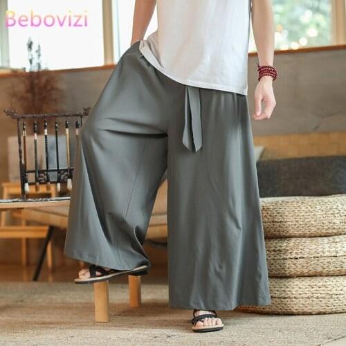 Plus Size M-5XL Men Japan Samurai and Thai Wide Leg Pants Chinese Urban Streetwear Loose Green Grey Black Long Bottoms Clothes