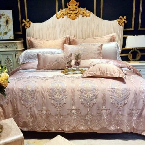 Pink luxury 120S Egyptian cotton Embroidery Bedding sets Queen King Noble Lace Duvet cover Bed sheet set Pillowcases 4/6pcs
