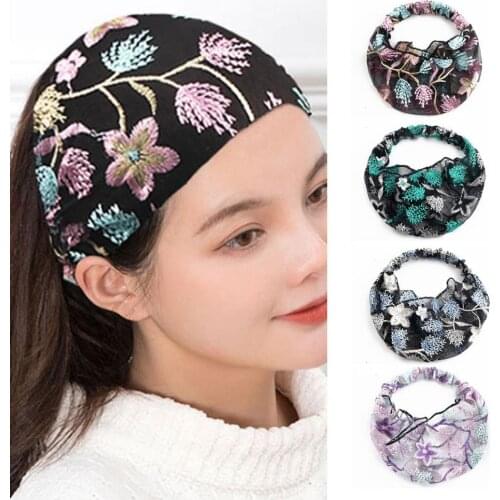 Retro Chinese Floral Star Embroidery Tulle Wide Headband Hair Band Accessory