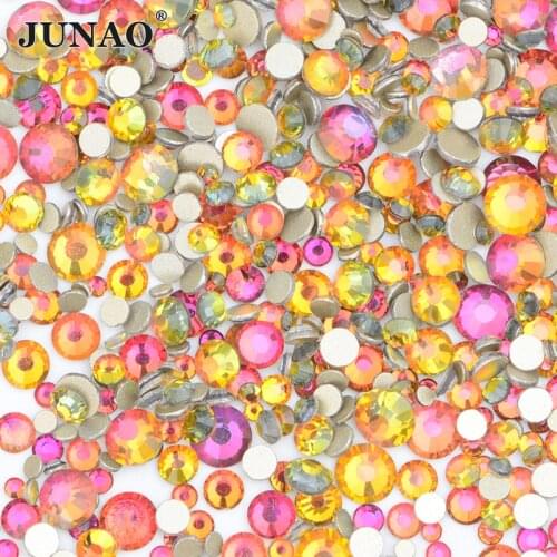 JUNAO SS6 8 10 12 16 20 Red Flame Round Mixed Size Rhinestones Flatback Glass Stone Non Hot Fix Crystals Nail Art Decorations