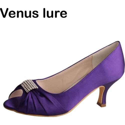 Peep Toe Wedding Shoes for Bridesmaids Mid Heels Purple Color