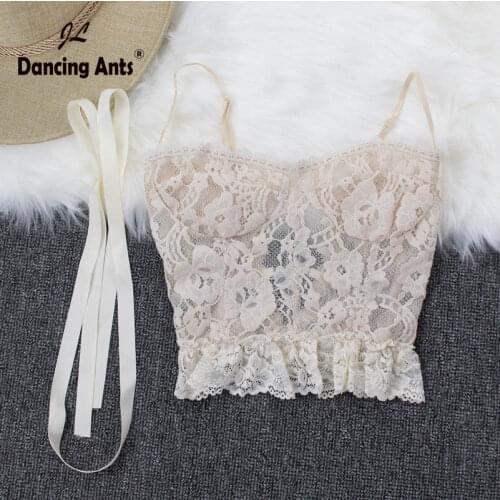 Spaghetti Strap Tank Top Women Vest Ruffles Lace Print Slim Crop Corset Tops Elastic Waist tshirt 2021 Dropshipping