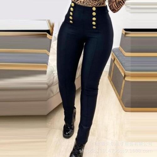 Spring New Button-decorated High-waisted Skinny Trousers Pure Color High-elastic Peach Hip Street Style and Restructuring Pants
