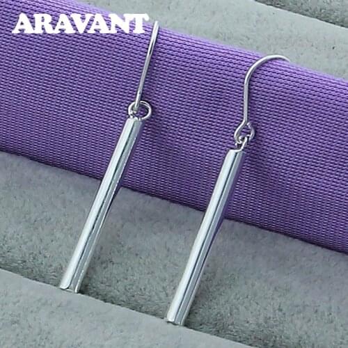 925 Silver Round Column Long Drop Earrings For Women Bridal Wedding Jewelry Gifts