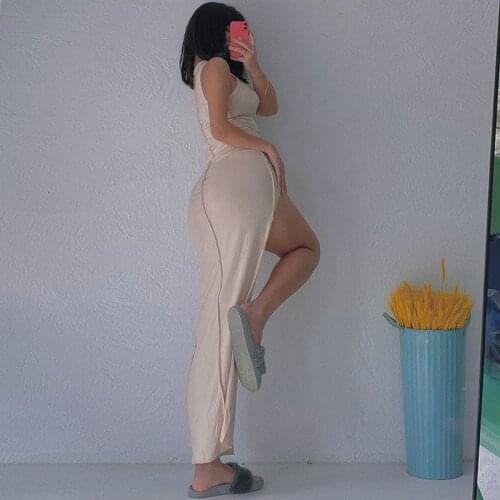 WOMENGAGA Irregular Stripe Pullover Slim Skinny Split Long Masi Dress Boho Beach Dresses Round Neck Europe Hot Sexy Women CU8P