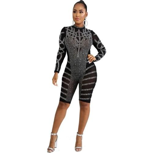 Women Diamond Sheer Mesh Jumpsuit Perspective Full Sleeve Night Club Party Bodycon Mini Jumpsuit O neck High Waist