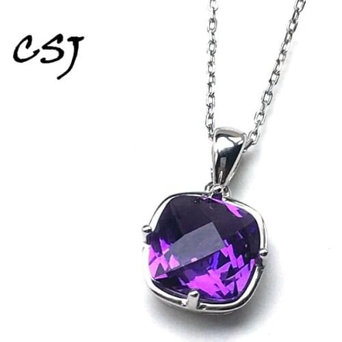CSJ Natural Amethyst Pendant in 925 Sterling Silver Gemstone Necklace Fine jewelry for Women wedding gift box free express