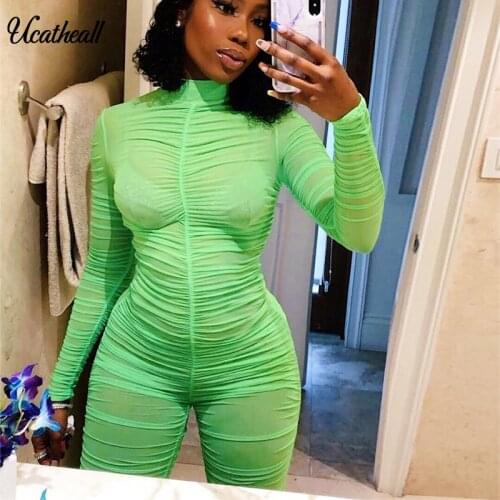 Women Sheer Mesh Bodysuit Ruched Body Tops Transparent Long Sleeve Back ZipperJumpsuit Romper Ladies Playsuit Club Overalls